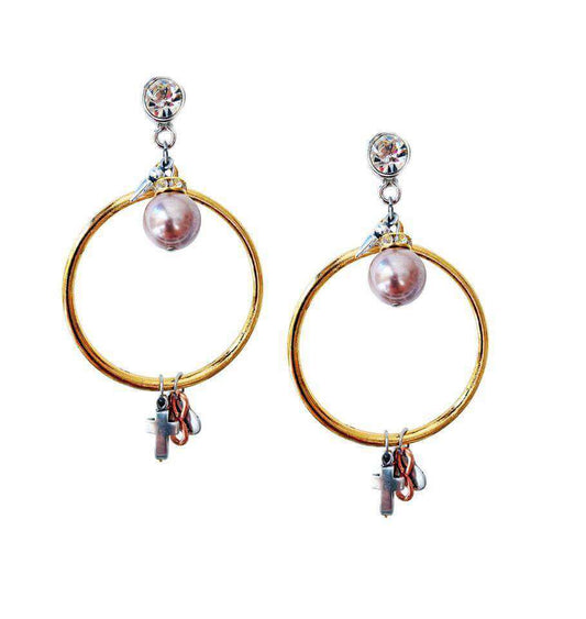 "Boho Chic Gold Earrings with Rose Pearls, Rhinestones, and Charms - Perfect Dangle and Drop Style!"