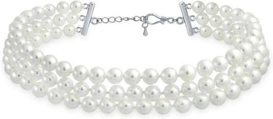 "Romantic Pearl Elegance: Hand-Knotted 3-Row Bridal Necklace, Perfect for Weddings, Proms, and Special Occasions!"